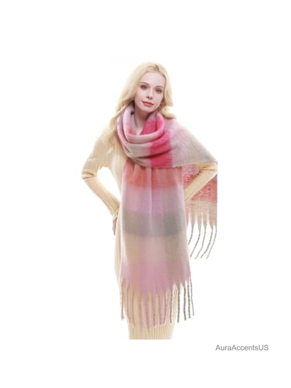 Chunky Plaid Scarf for Women Winter Thick Oversized Blanket Scarf with Fringes